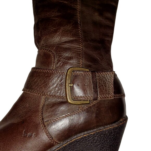 B.O.C. Brown Leather Buckle Zip Chunky Block Wedge Heel Boots Womens Size 9 - Picture 8 of 15